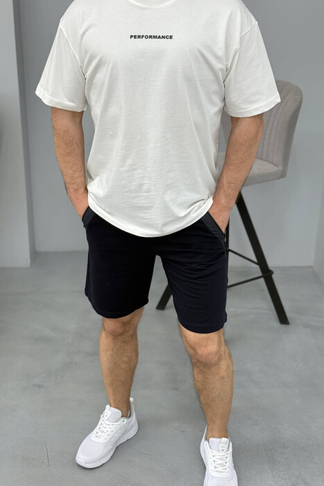 BROKED RULES WRITTING ZIPPER POCKETS MEN SHORT SWEATPANTS DARK BLUE/BEE - 3