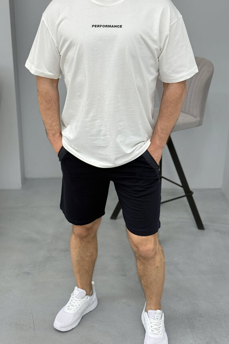 BROKED RULES WRITTING ZIPPER POCKETS MEN SHORT SWEATPANTS DARK BLUE/BEE - 3