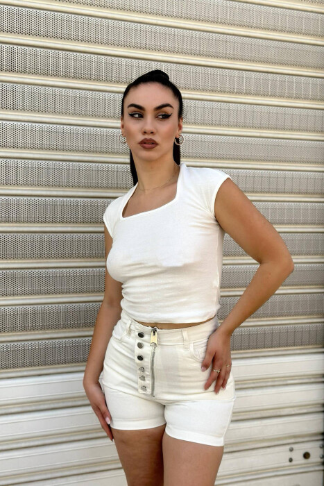 BUTTON DETAIL WOMAN SHORT JEANS WHITE-E BARDHE - 3