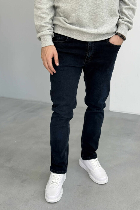 BUTTON FLY STRAIGHT LEG MEN JEANS DARK BLUE/BEE - KLAUDIO FASHION