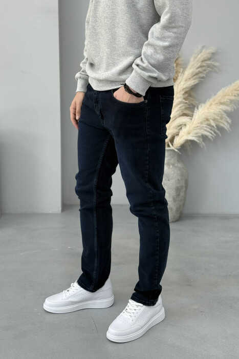 BUTTON FLY STRAIGHT LEG MEN JEANS DARK BLUE/BEE - 3