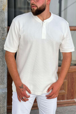 BUTTON NECK DETAILS MEN T-SHIRT WHITE-E BARDHE 