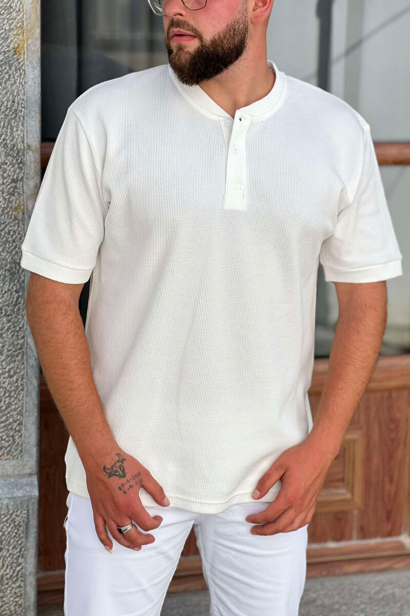 BUTTON NECK DETAILS MEN T-SHIRT WHITE-E BARDHE - 1