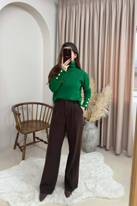 BUTTON SLEVEE HIGH NECK WOMAN SWEATER DARK GREEN/JEE 