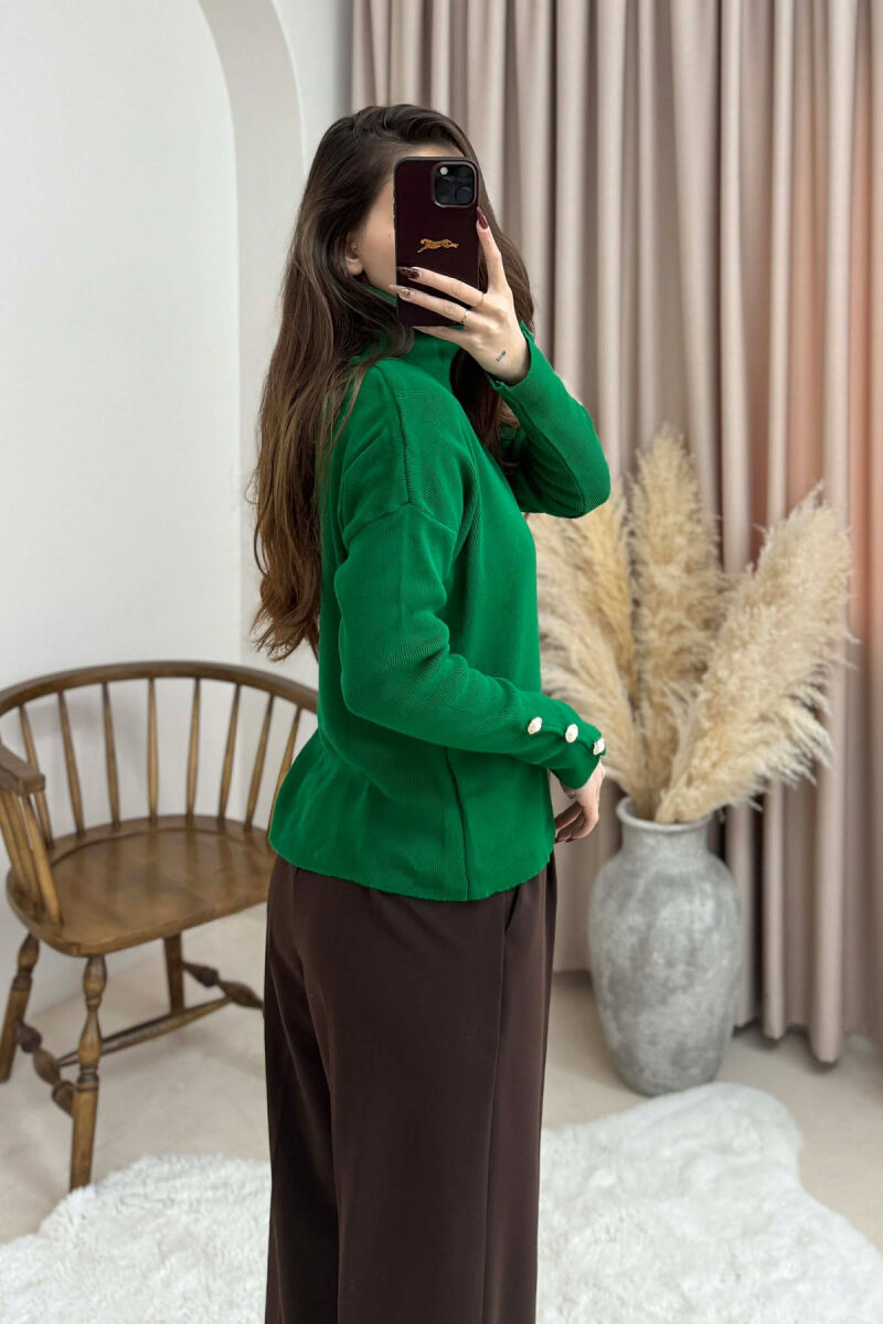 BUTTON SLEVEE HIGH NECK WOMAN SWEATER DARK GREEN/JEE - 4