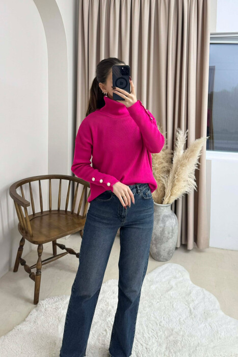BUTTON SLEVEE HIGH NECK WOMAN SWEATER FUCHSIA/CIKLAMI 