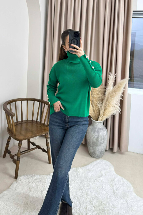 BUTTON SLEVEE HIGH NECK WOMAN SWEATER GREEN/JESHILE - 1
