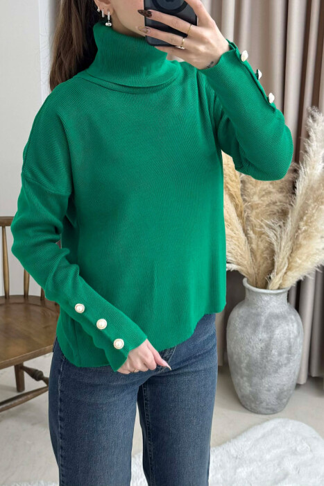 BUTTON SLEVEE HIGH NECK WOMAN SWEATER GREEN/JESHILE - 4