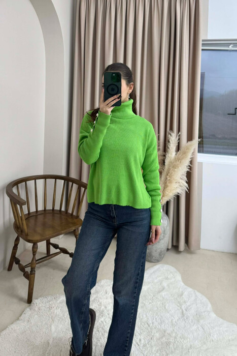 BUTTON SLEVEE HIGH NECK WOMAN SWEATER LIGHT GREEN/JEZB - 1