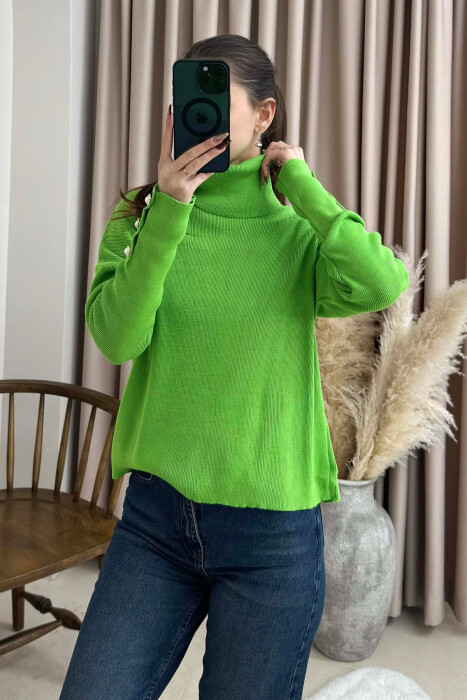 BUTTON SLEVEE HIGH NECK WOMAN SWEATER LIGHT GREEN/JEZB - 3