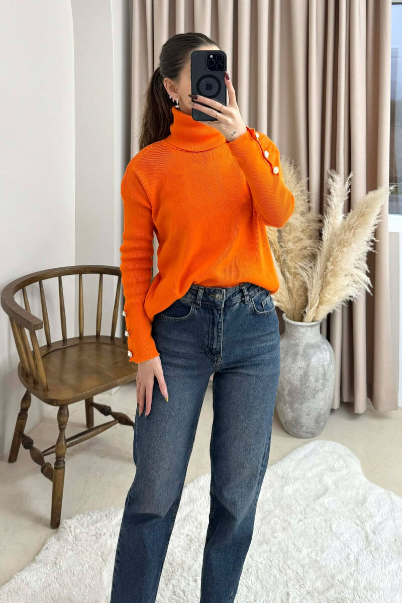 BUTTON SLEVEE HIGH NECK WOMAN SWEATER ORANGE/PORTOKALLI - 2