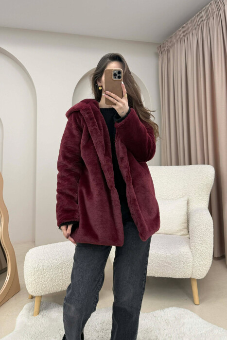 BUTTONED HOOD FAUX FUR WOMEN COAT BURGUNDY/VISHNJE - KLAUDIO FASHION