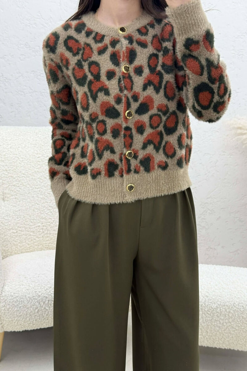 BUTTONED KNITTED LEO DESIGN WOMEN CARDIGAN BROWN/KAFE - 3