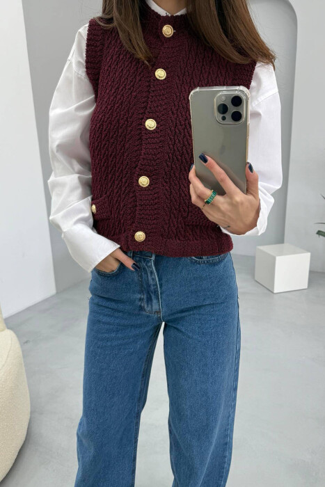 BUTTONED KNITTED WOMEN VEST BURGUNDY/VISHNJE 