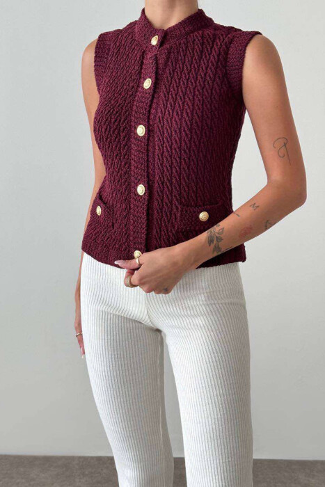 BUTTONED KNITTED WOMEN VEST BURGUNDY/VISHNJE - 5