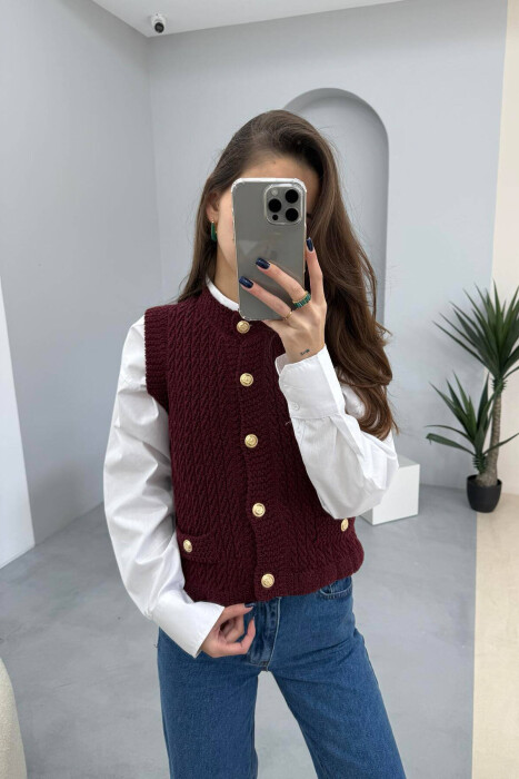 BUTTONED KNITTED WOMEN VEST BURGUNDY/VISHNJE - 2