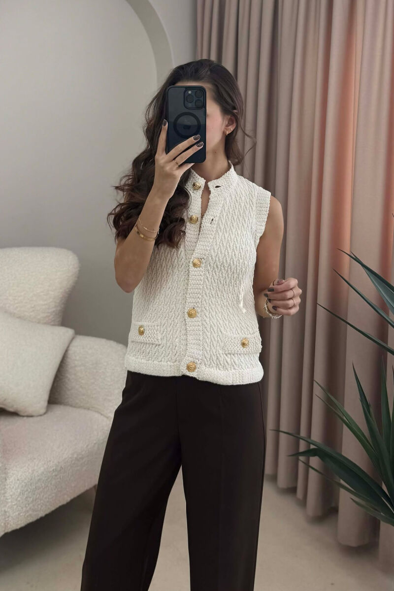BUTTONED KNITTED WOMEN VEST CREAM/KREM - 4