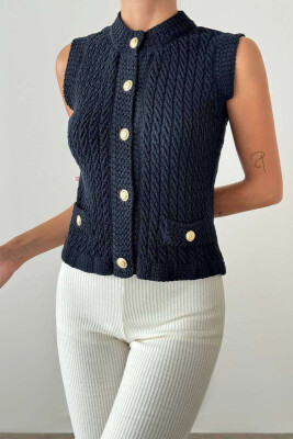 BUTTONED KNITTED WOMEN VEST DARK BLUE/BEE 