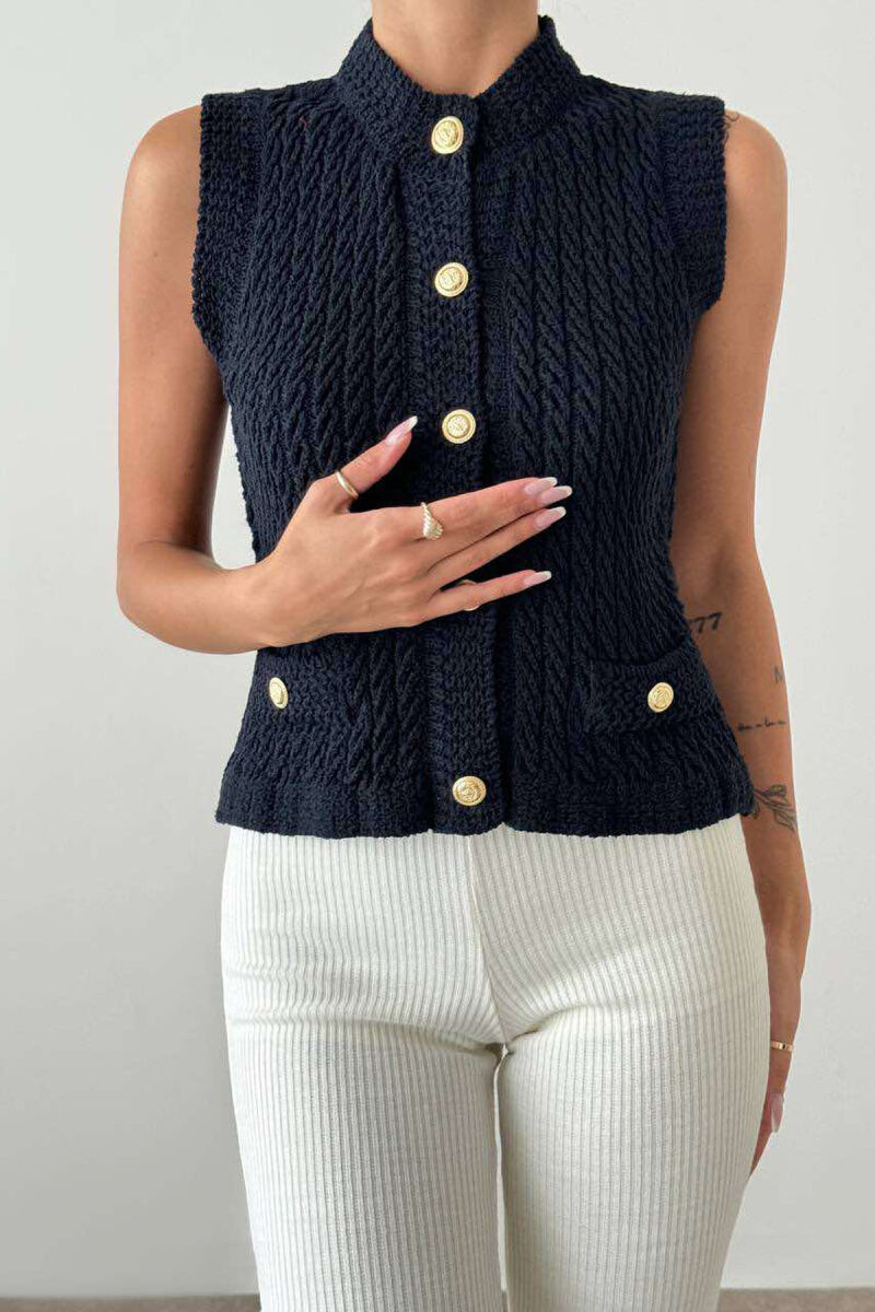 BUTTONED KNITTED WOMEN VEST DARK BLUE/BEE - 2