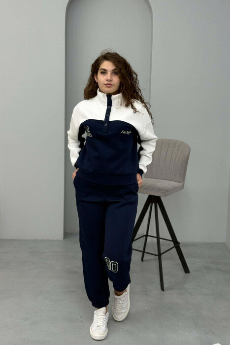 BUTTONED LA SWEATSHIRT+JOGGERS FLUFFY WOMEN SET WHITE-BLUE/BABL 
