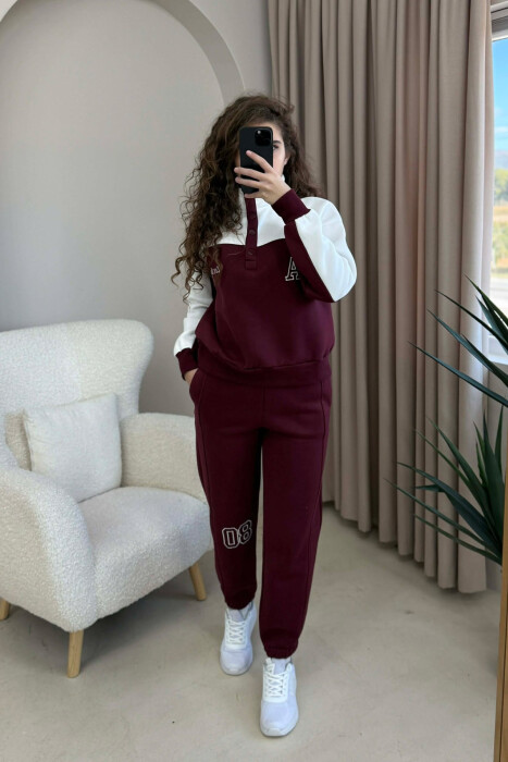 BUTTONED LA SWEATSHIRT+JOGGERS FLUFFY WOMEN SET WHITE-BURGUNDY/BAVI 