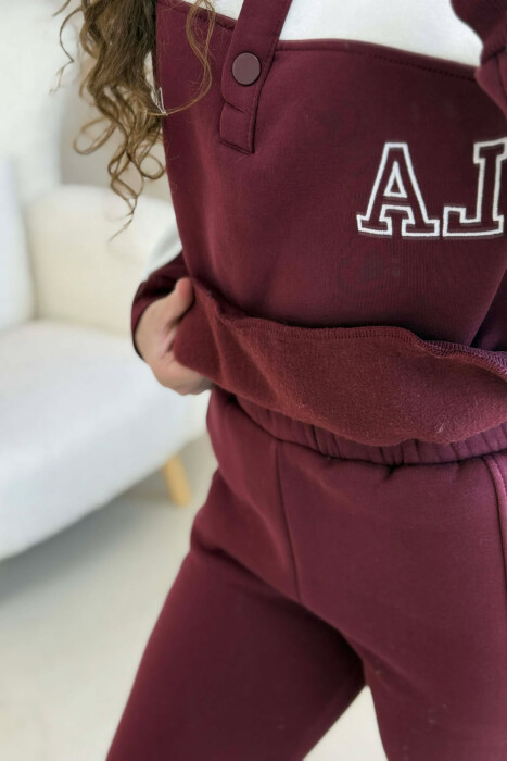 BUTTONED LA SWEATSHIRT+JOGGERS FLUFFY WOMEN SET WHITE-BURGUNDY/BAVI - 2