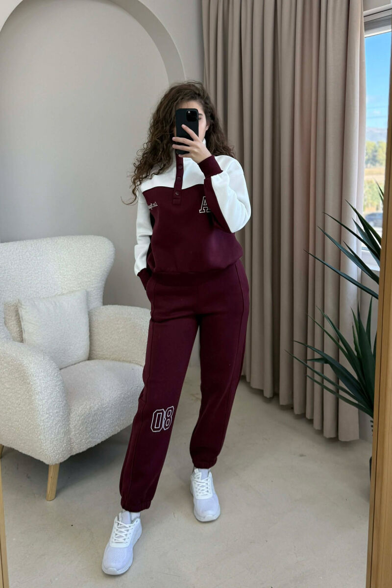 BUTTONED LA SWEATSHIRT+JOGGERS FLUFFY WOMEN SET WHITE-BURGUNDY/BAVI - 4