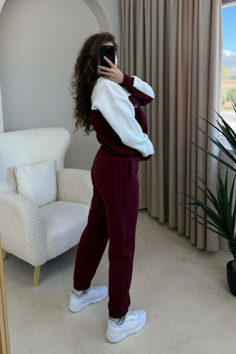 BUTTONED LA SWEATSHIRT+JOGGERS FLUFFY WOMEN SET WHITE-BURGUNDY/BAVI - 5