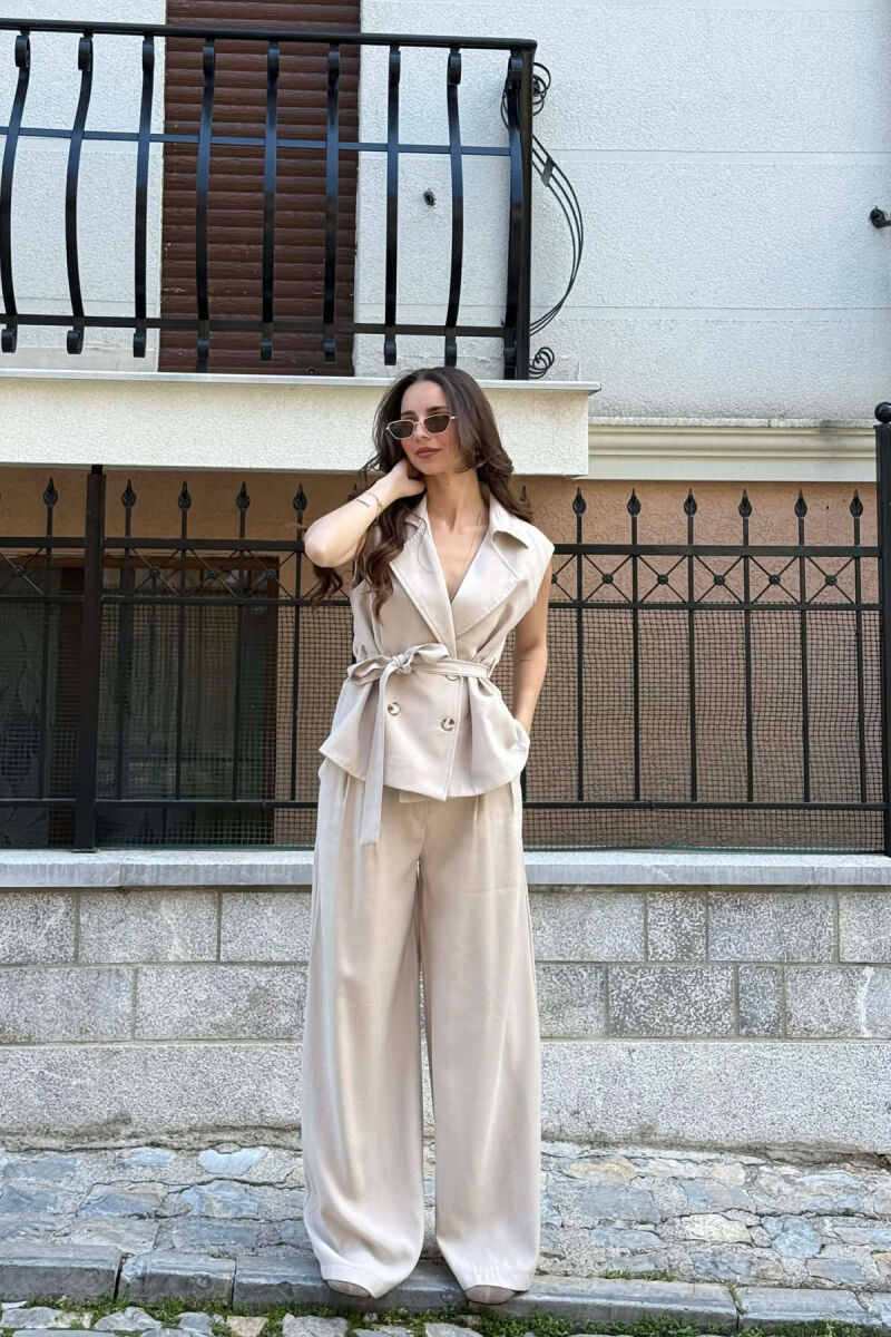 BUTTONED LACING VEST +TROUSERS WOMAN SET BEIGE/BEZHE - 1