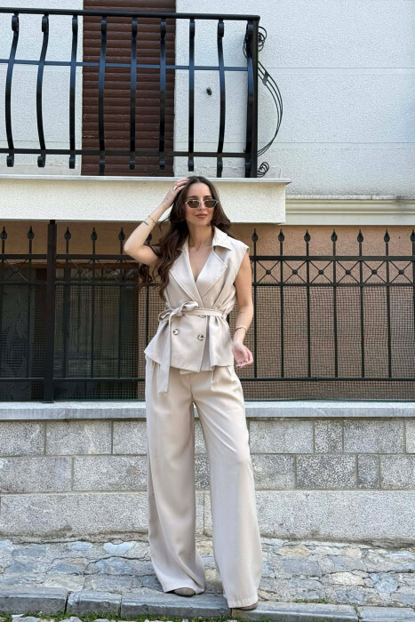 BUTTONED LACING VEST +TROUSERS WOMAN SET BEIGE/BEZHE - 3