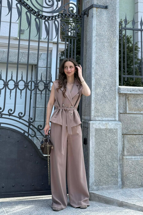 BUTTONED LACING VEST +TROUSERS WOMAN SET LIGHT BROWN/KAZB - KLAUDIO FASHION