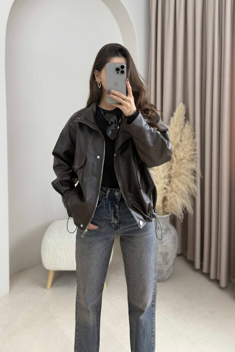 BUTTONED LEATHER WOMEN JACKET BROWN/KAFE - 1