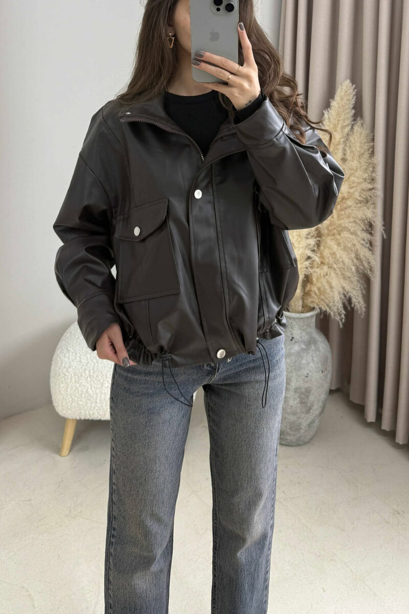 BUTTONED LEATHER WOMEN JACKET BROWN/KAFE - 2