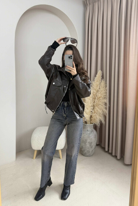 BUTTONED LEATHER WOMEN JACKET BROWN/KAFE - 4