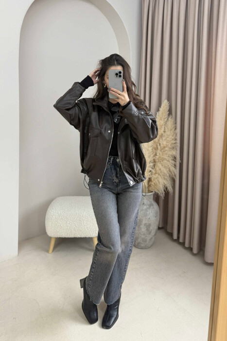 BUTTONED LEATHER WOMEN JACKET BROWN/KAFE - 5