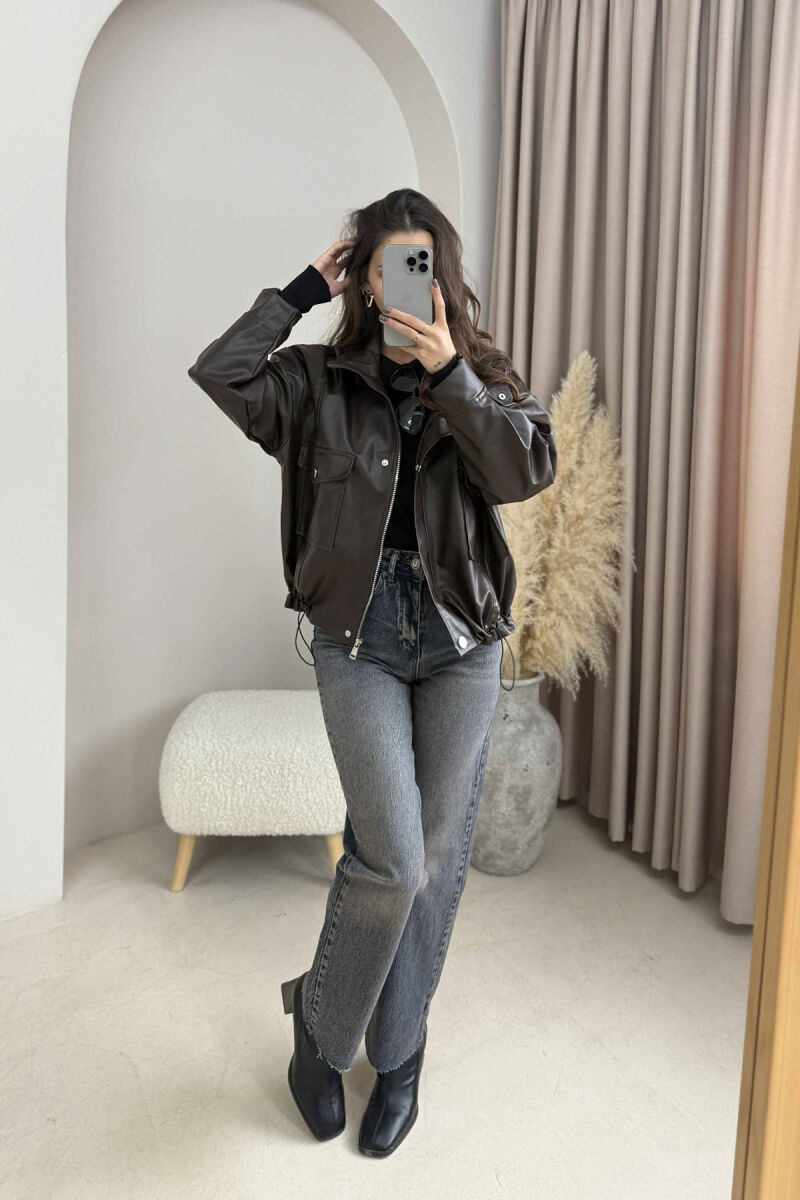 BUTTONED LEATHER WOMEN JACKET BROWN/KAFE - 5