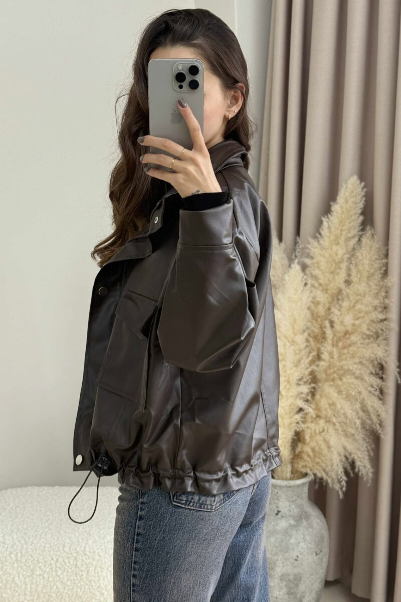 BUTTONED LEATHER WOMEN JACKET BROWN/KAFE - 6