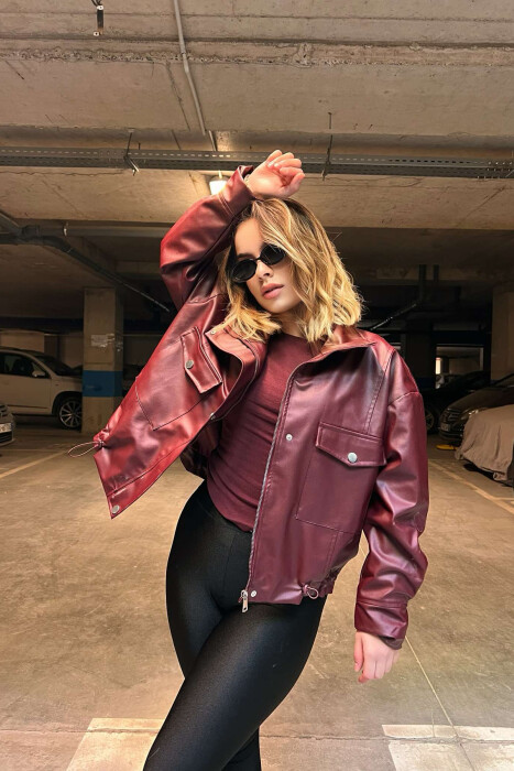 BUTTONED LEATHER WOMEN JACKET IN BURGUNDY COLOR 