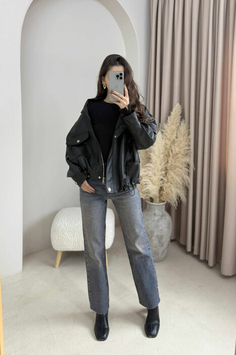 BUTTONED LEATHER WOMEN JACKET BLACK/ E ZEZE 