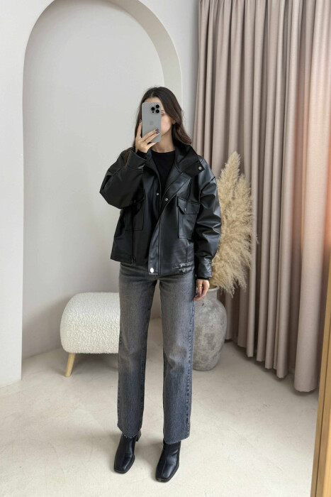 BUTTONED LEATHER WOMEN JACKET BLACK/ E ZEZE - 2