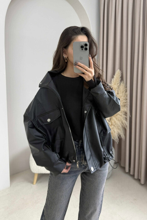 BUTTONED LEATHER WOMEN JACKET BLACK/ E ZEZE - 3