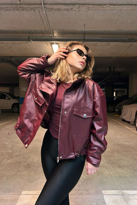 BUTTONED LEATHER WOMEN JACKET IN BURGUNDY COLOR - 3