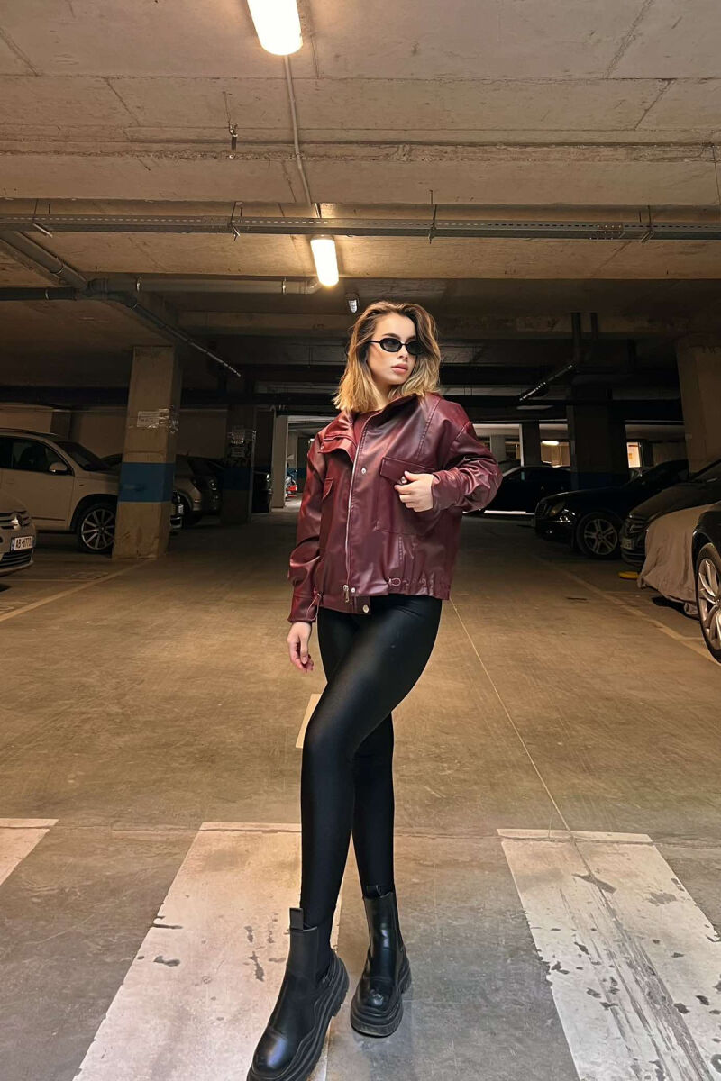 BUTTONED LEATHER WOMEN JACKET IN BURGUNDY COLOR - 4