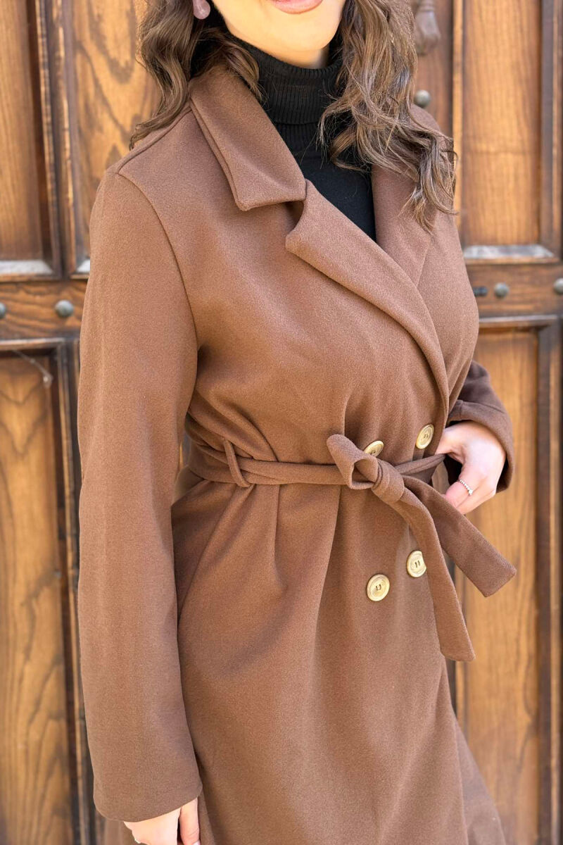 BUTTONED LONG WOMEN COAT BROWN/KAFE - 2