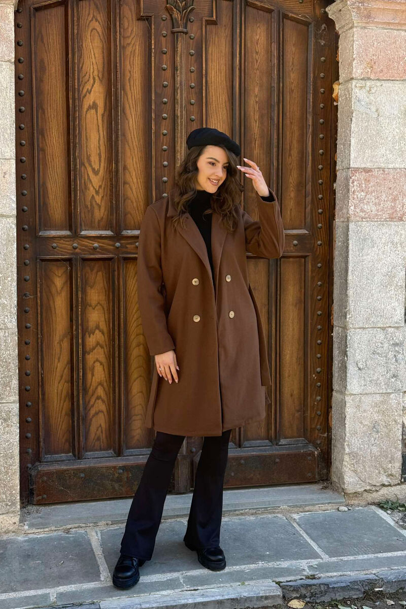 BUTTONED LONG WOMEN COAT BROWN/KAFE - 3