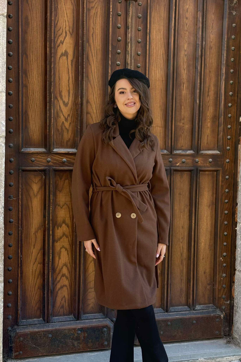 BUTTONED LONG WOMEN COAT BROWN/KAFE - 4