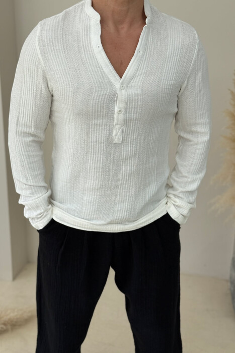 BUTTONED NECK ONE COLOR MEN SHIRT WHITE-E BARDHE - 2