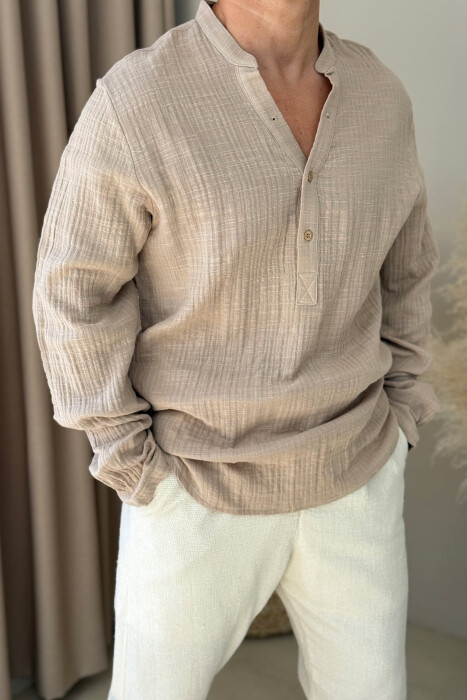 BUTTONED NECK ONE COLOR MEN SHIRT BEIGE/BEZHE 