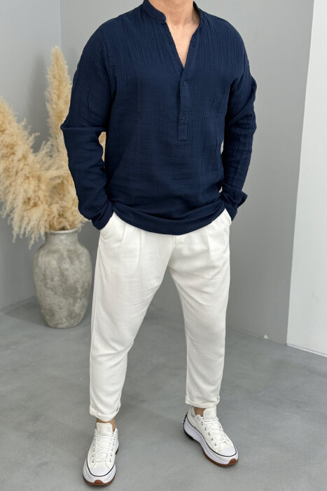 BUTTONED NECK ONE COLOR MEN SHIRT DARK BLUE/BEE 