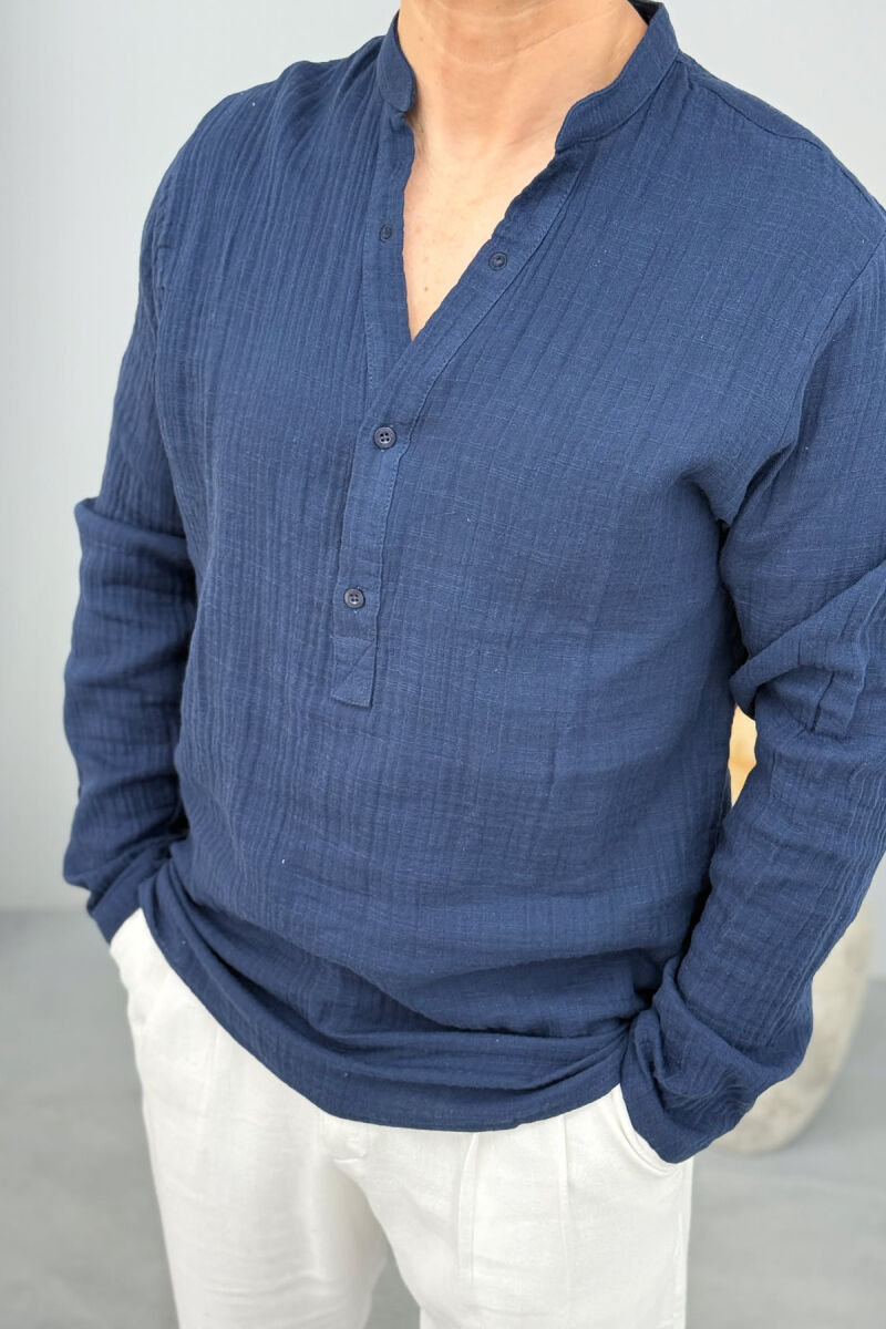 BUTTONED NECK ONE COLOR MEN SHIRT DARK BLUE/BEE - 2